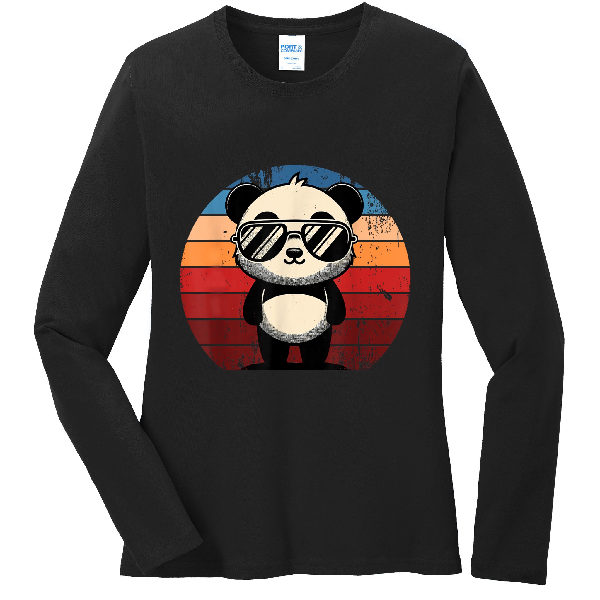 Retro Panda In Sunglasses Bbq Pool Party Funny Panda Ladies Long Sleeve Shirt