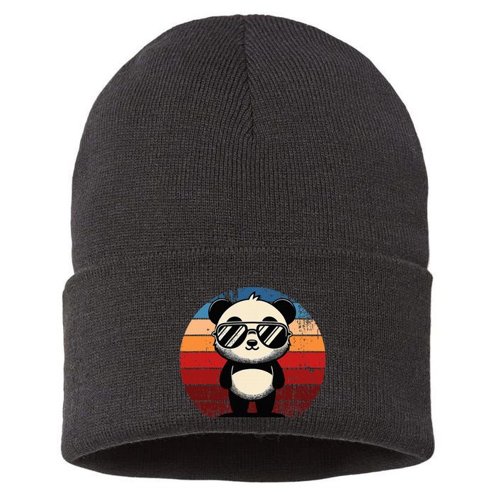 Retro Panda In Sunglasses Bbq Pool Party Funny Panda Sustainable Knit Beanie