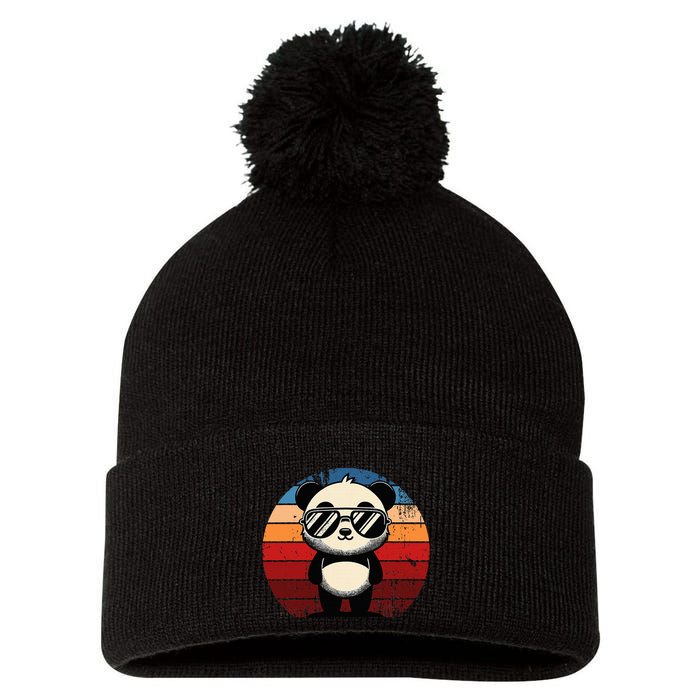 Retro Panda In Sunglasses Bbq Pool Party Funny Panda Pom Pom 12in Knit Beanie