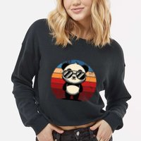 Retro Panda In Sunglasses Bbq Pool Party Funny Panda Cropped Pullover Crew