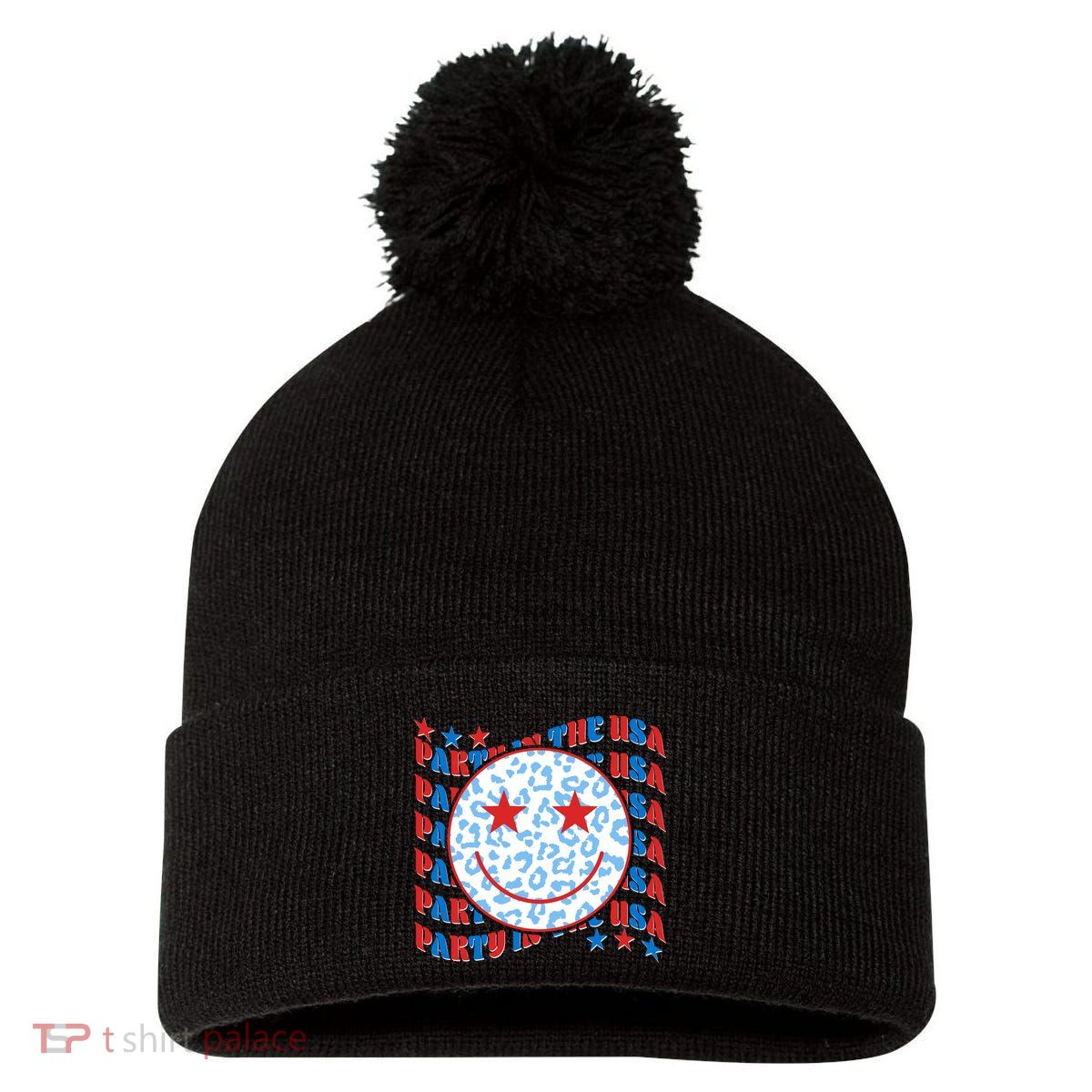 Retro Party In The USA Emoji Smiley Pom Pom 12in Knit Beanie