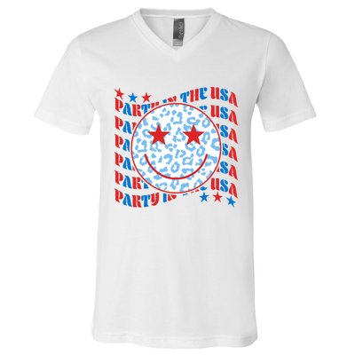 Retro Party In The USA Emoji Smiley V-Neck T-Shirt
