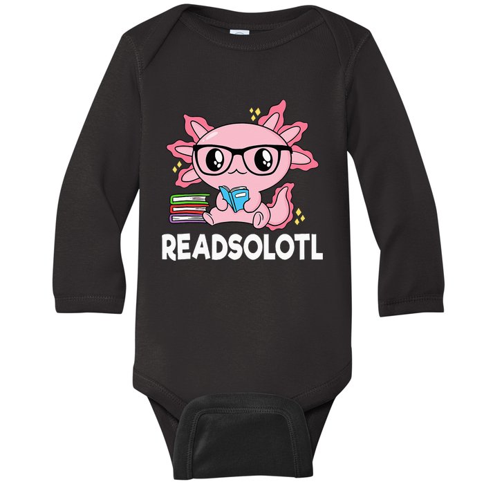 Readsolotl Pink Kawaii Axolotl Book Lover Funny Reading Baby Long Sleeve Bodysuit