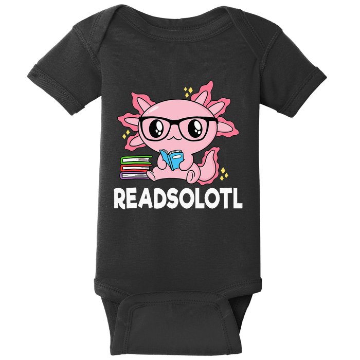 Readsolotl Pink Kawaii Axolotl Book Lover Funny Reading Baby Bodysuit