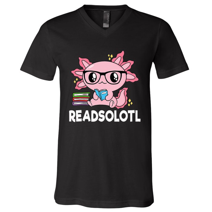 Readsolotl Pink Kawaii Axolotl Book Lover Funny Reading V-Neck T-Shirt