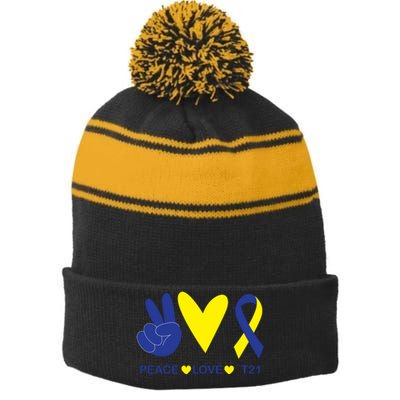 Ribbon Peace Love T21 Down Syndrome Awareness Gift Stripe Pom Pom Beanie