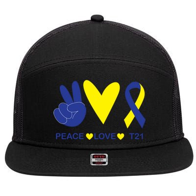 Ribbon Peace Love T21 Down Syndrome Awareness Gift 7 Panel Mesh Trucker Snapback Hat