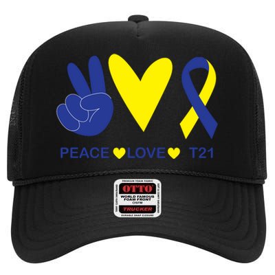 Ribbon Peace Love T21 Down Syndrome Awareness Gift High Crown Mesh Back Trucker Hat