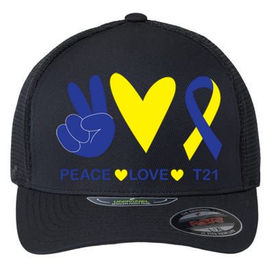 Ribbon Peace Love T21 Down Syndrome Awareness Gift Flexfit Unipanel Trucker Cap