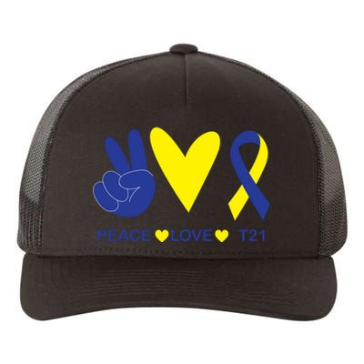 Ribbon Peace Love T21 Down Syndrome Awareness Gift Yupoong Adult 5-Panel Trucker Hat