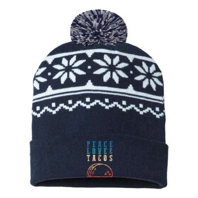 Retro Peace Love Tacos Funny Food Cinco De Mayo USA-Made Snowflake Beanie