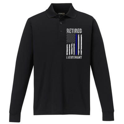 Retired Police Lieutenant Design Thin Blue Line Retirement Performance Long Sleeve Polo