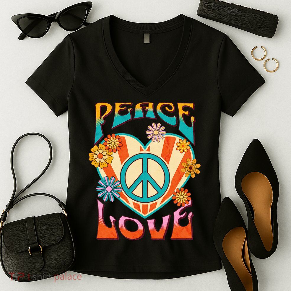 Retro Peace Love Peace Sign 60s 70s Hippie Style Women's V-Neck T-Shirt