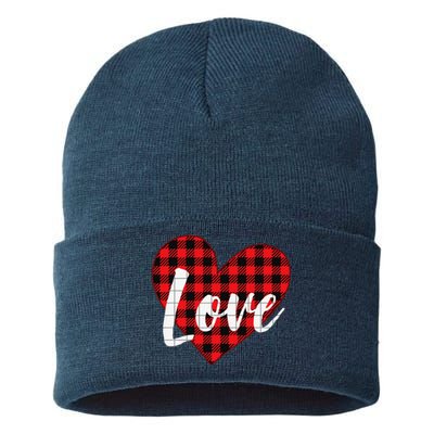 Red Plaid LOVE Heart Happy Valentine's Day Gifts Sustainable Knit Beanie