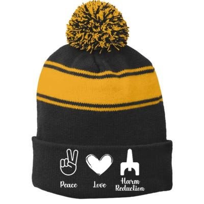 Retro Peace Love Harm Reduction Overdose Awareness Nurse Stripe Pom Pom Beanie