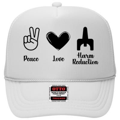 Retro Peace Love Harm Reduction Overdose Awareness Nurse High Crown Mesh Back Trucker Hat