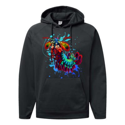 Rainbow Peacock Mantis Shrimp Blue Splash Performance Fleece Hoodie