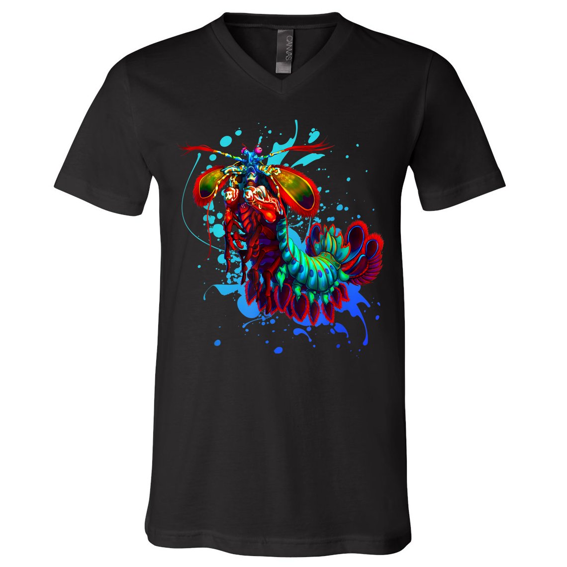 Rainbow Peacock Mantis Shrimp Blue Splash V-Neck T-Shirt