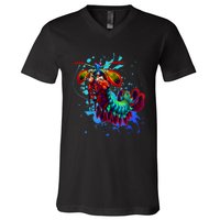 Rainbow Peacock Mantis Shrimp Blue Splash V-Neck T-Shirt