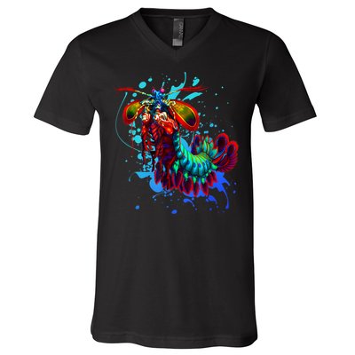 Rainbow Peacock Mantis Shrimp Blue Splash V-Neck T-Shirt