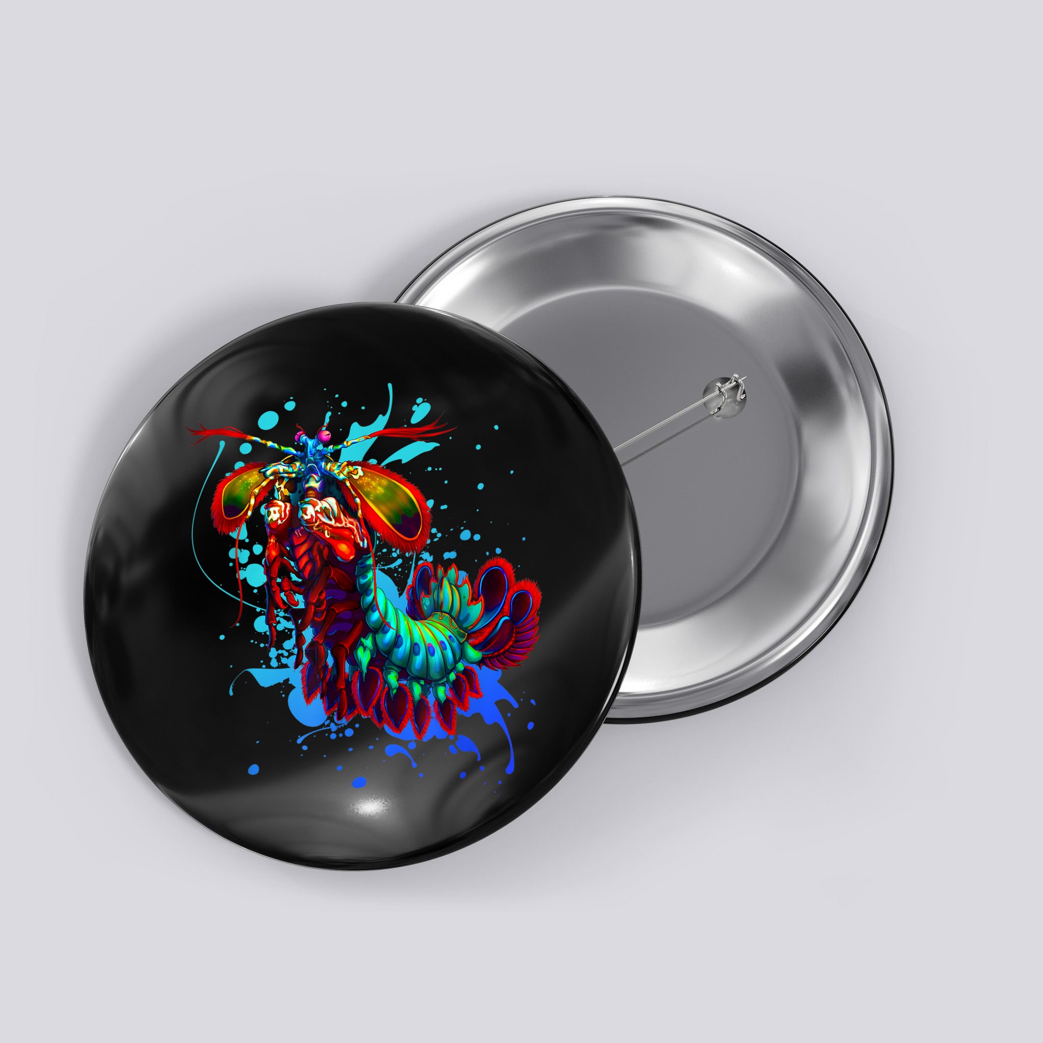 Rainbow Peacock Mantis Shrimp Blue Splash Button