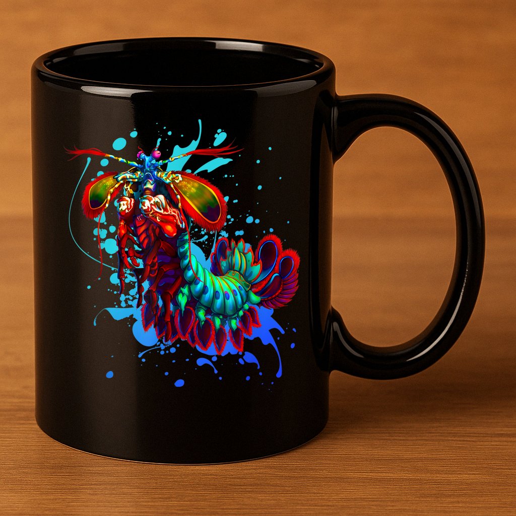 Rainbow Peacock Mantis Shrimp Blue Splash 11oz C Handle Ceramic Mug