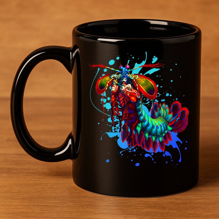 Rainbow Peacock Mantis Shrimp Blue Splash 11oz C Handle Ceramic Mug