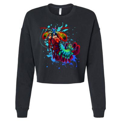 Rainbow Peacock Mantis Shrimp Blue Splash Cropped Pullover Crew