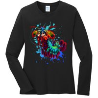 Rainbow Peacock Mantis Shrimp Blue Splash Ladies Long Sleeve Shirt