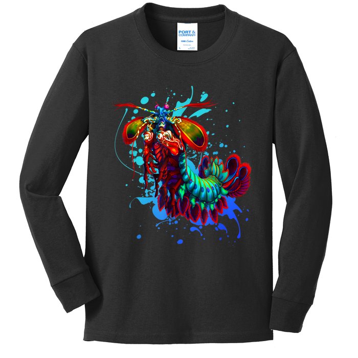 Rainbow Peacock Mantis Shrimp Blue Splash Kids Long Sleeve Shirt