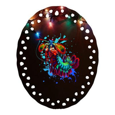 Rainbow Peacock Mantis Shrimp Blue Splash Ceramic Oval Ornament