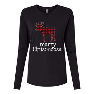 Red Plaid Merry Christmoose Christmas Moose Lovers Womens Cotton Relaxed Long Sleeve T-Shirt