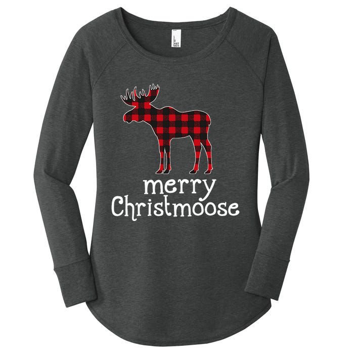 Red Plaid Merry Christmoose Christmas Moose Lovers Women's Perfect Tri Tunic Long Sleeve Shirt