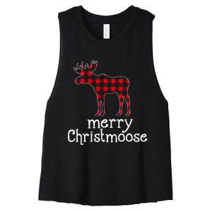 Red Plaid Merry Christmoose Christmas Moose Lovers Women's Racerback Cropped Tank