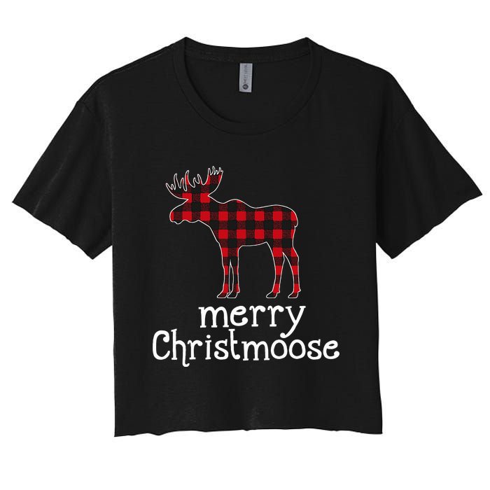 Red Plaid Merry Christmoose Christmas Moose Lovers Women's Crop Top Tee