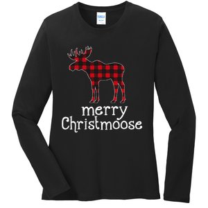 Red Plaid Merry Christmoose Christmas Moose Lovers Ladies Long Sleeve Shirt