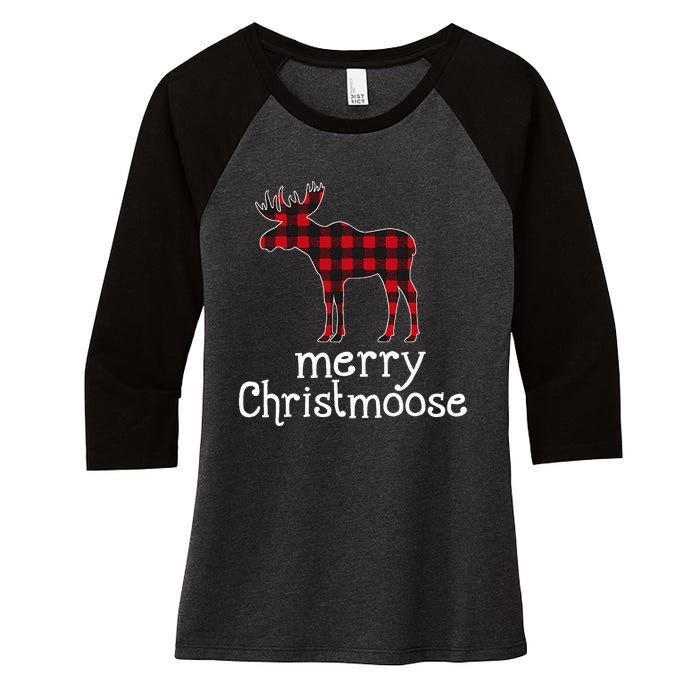 Red Plaid Merry Christmoose Christmas Moose Lovers Women's Tri-Blend 3/4-Sleeve Raglan Shirt