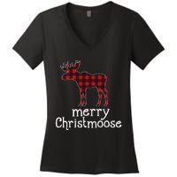 Red Plaid Merry Christmoose Christmas Moose Lovers Women's V-Neck T-Shirt