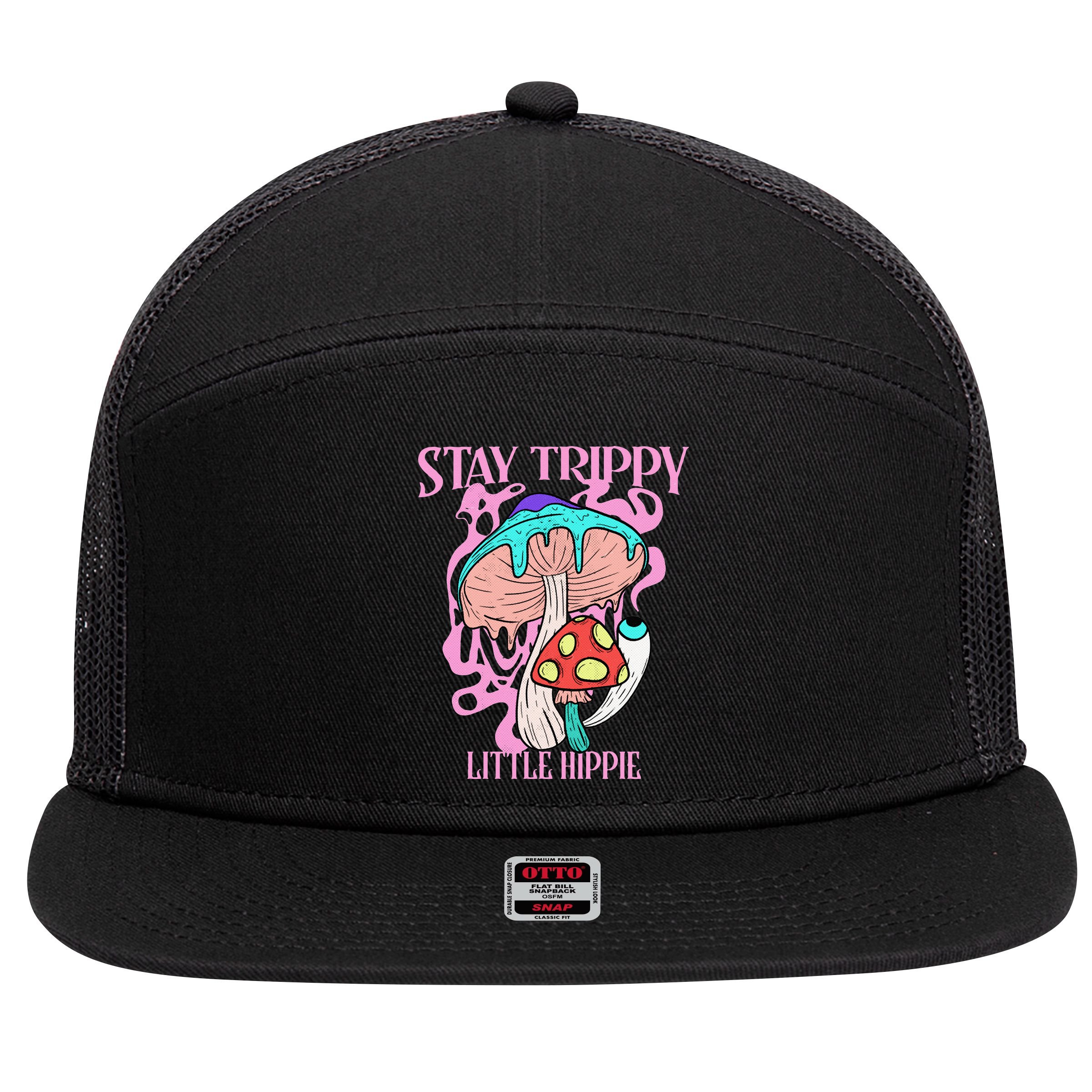 Retro Psychedelic Mushroom Stay Trippy Little Hippie Gift 7 Panel Mesh Trucker Snapback Hat