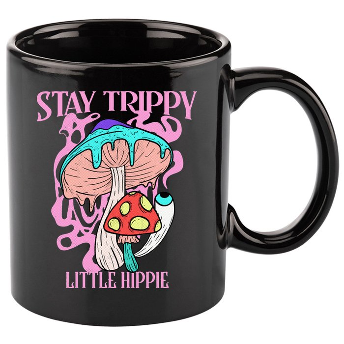 Retro Psychedelic Mushroom Stay Trippy Little Hippie Gift 11oz C Handle Ceramic Mug