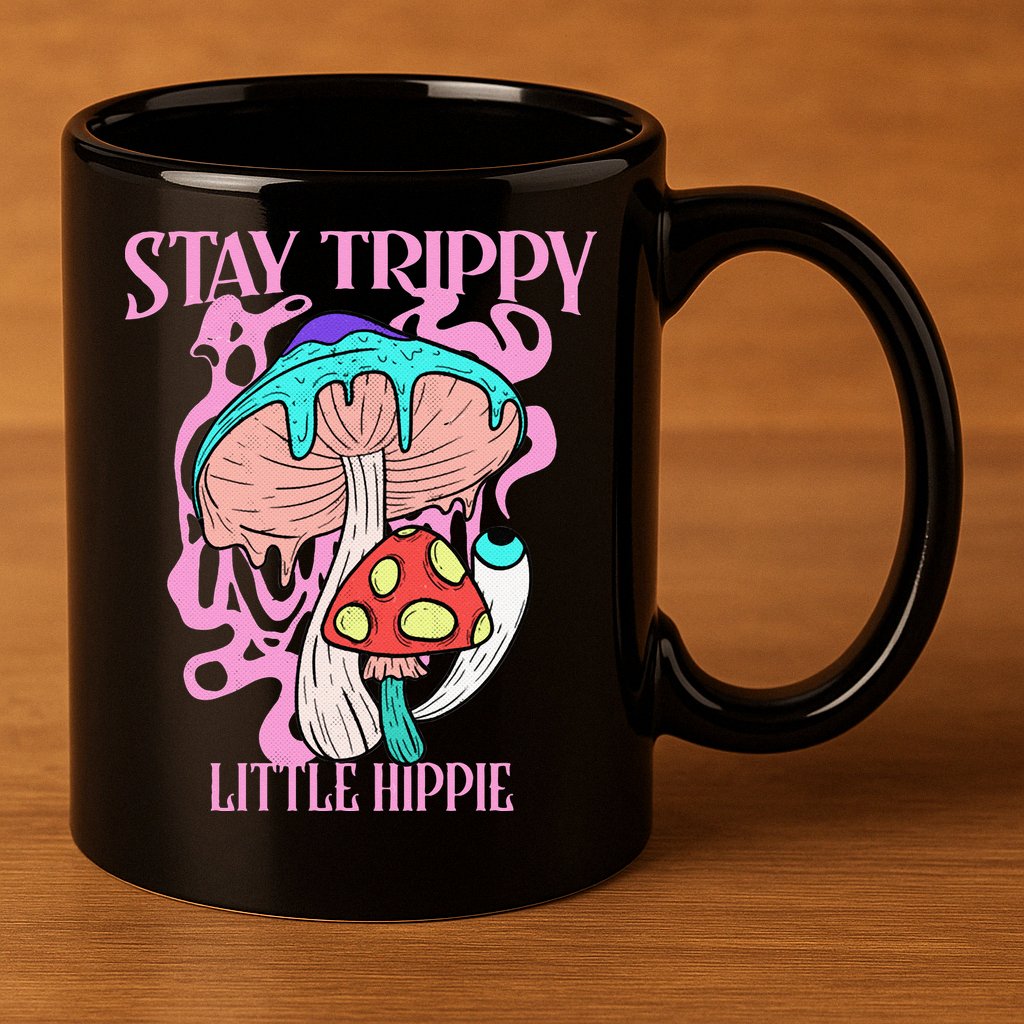 Retro Psychedelic Mushroom Stay Trippy Little Hippie Gift 11oz C Handle Ceramic Mug