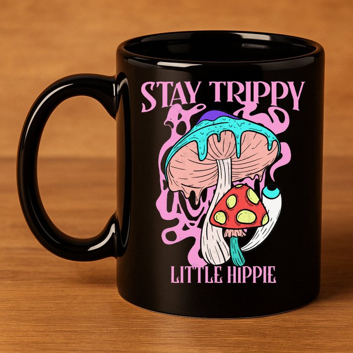 Retro Psychedelic Mushroom Stay Trippy Little Hippie Gift 11oz C Handle Ceramic Mug