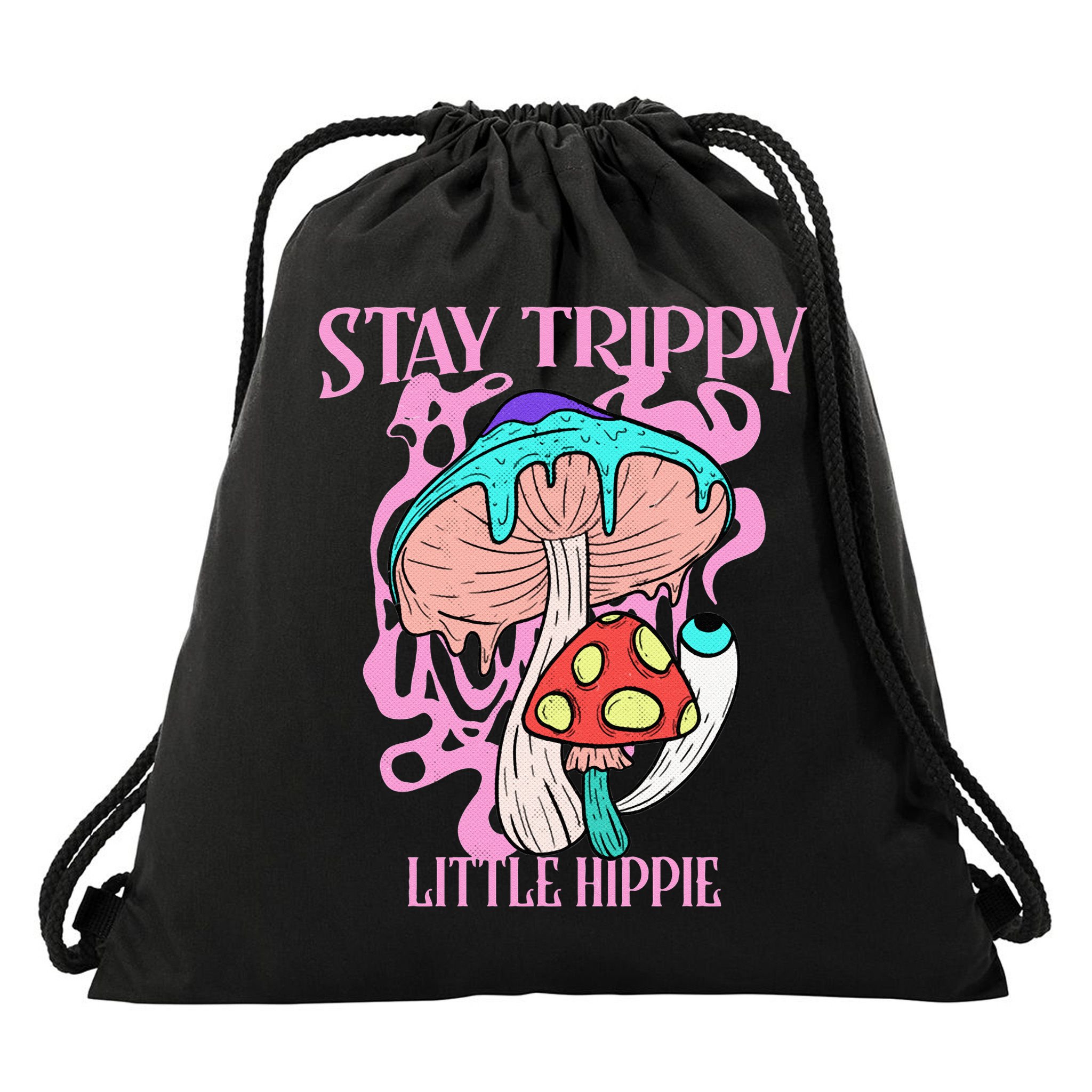 Retro Psychedelic Mushroom Stay Trippy Little Hippie Gift Drawstring Bag