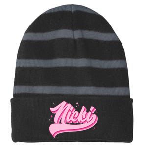 Retro Pink Nicki Striped Beanie with Solid Band