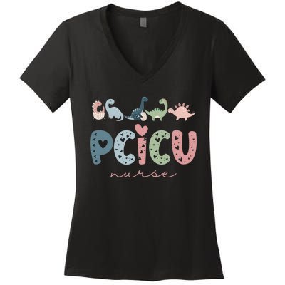 Retro Pcicu Nurse Icu Pediatric Cardiac Tiny Humans Women's V-Neck T-Shirt