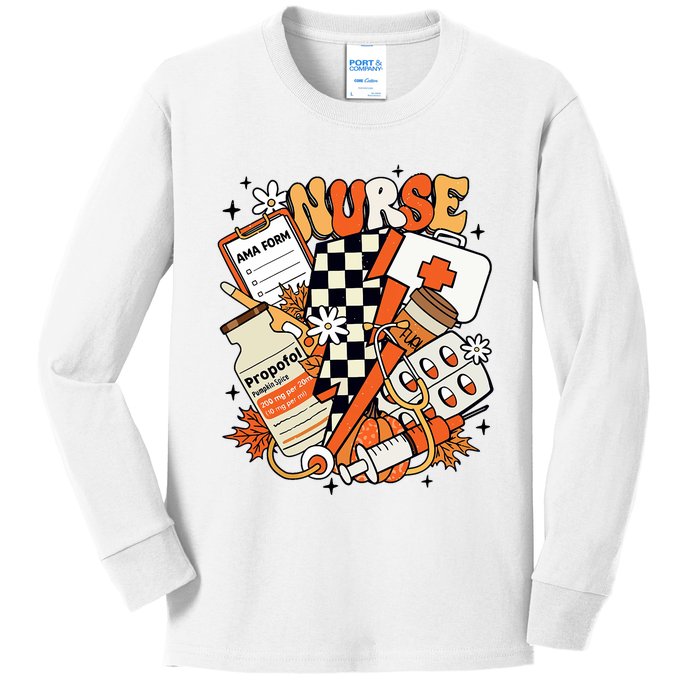 Retro Pumpkin Nurse Life Thanksgiving Fall Autumn Nurse Kids Long Sleeve Shirt