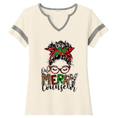 Red Plaid One Merry Counselor Messy Bun Christmas Pajamas Ladies Halftime Notch Neck Tee