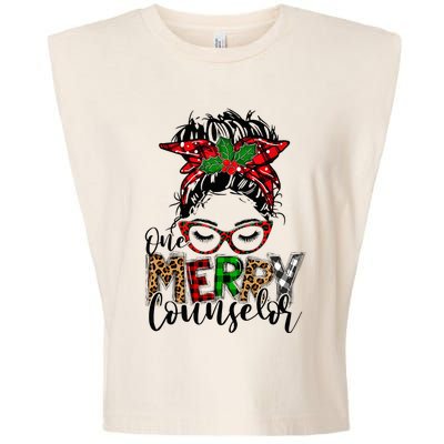 Red Plaid One Merry Counselor Messy Bun Christmas Pajamas Garment-Dyed Women's Muscle Tee