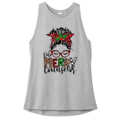 Red Plaid One Merry Counselor Messy Bun Christmas Pajamas Ladies PosiCharge Tri-Blend Wicking Tank