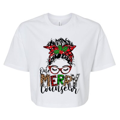 Red Plaid One Merry Counselor Messy Bun Christmas Pajamas Bella+Canvas Jersey Crop Tee